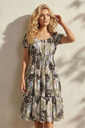 Flower Print Smocked Waistband Tiered Dress