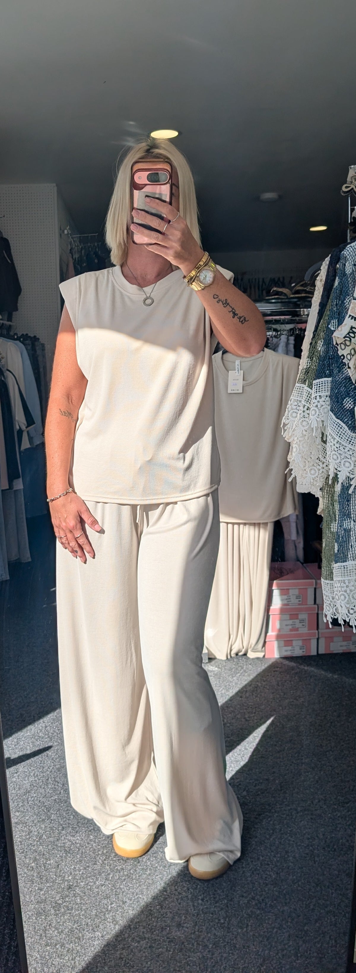 Padded Shoulder With Ruched Detail Top & Elasticated Waist Trouser Co-ord Set
