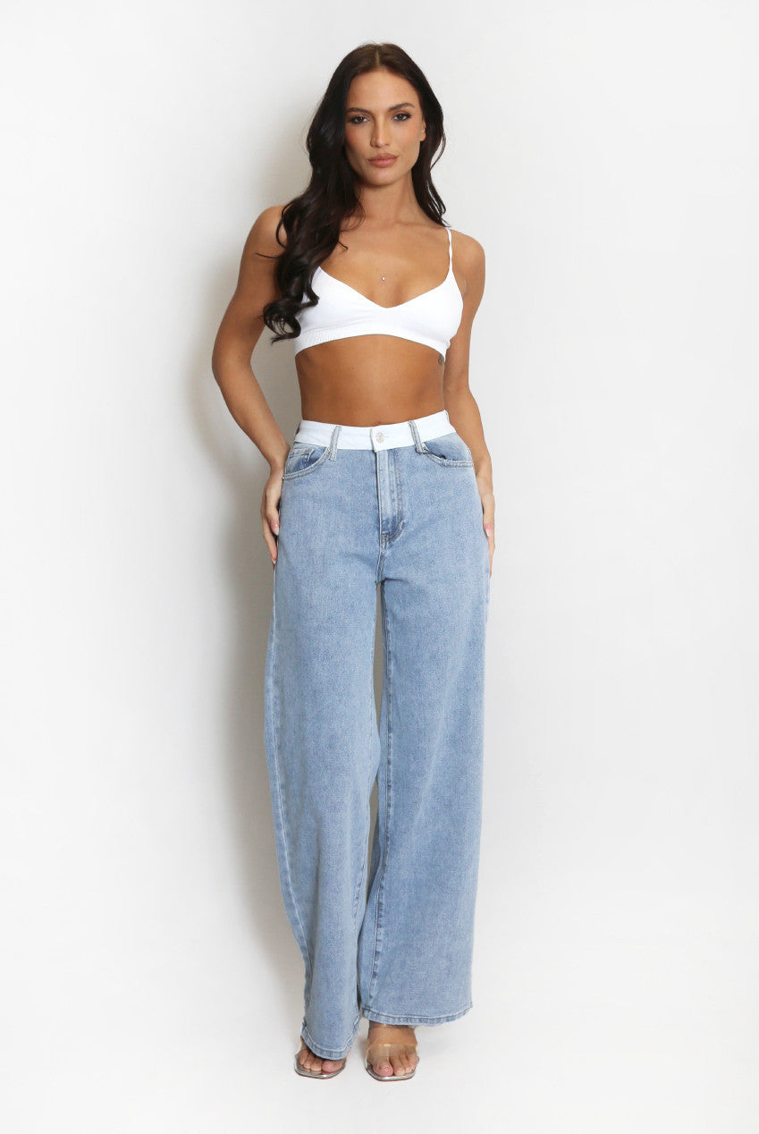 Faded Blue Banded Waist Dad Fit Jeans