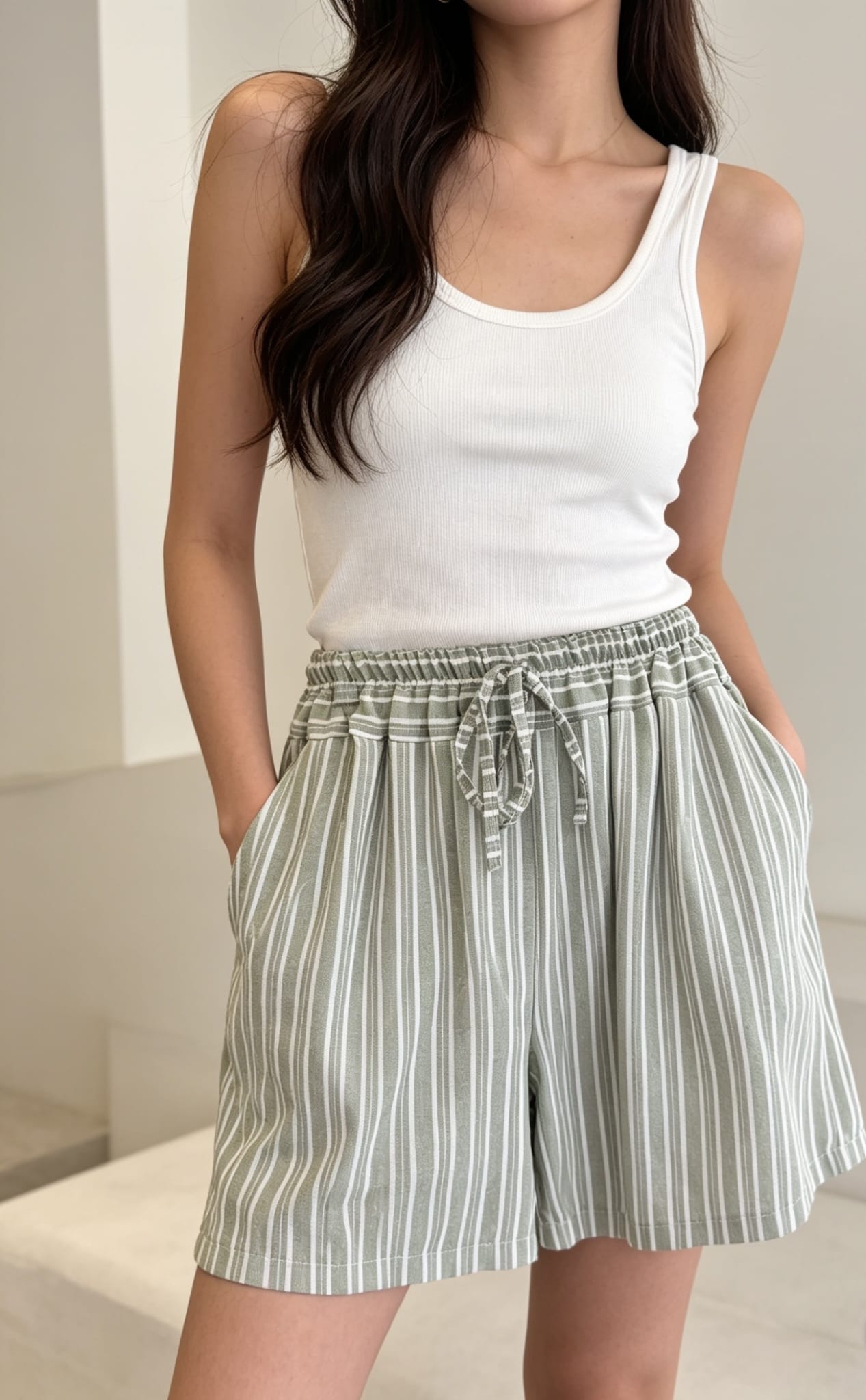 Elasticated Waist Striped Drawstring Shorts