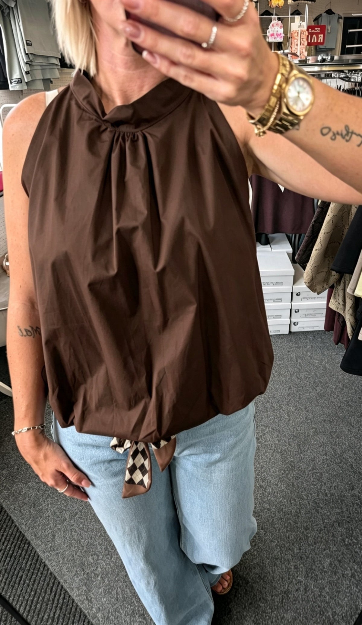 Sleeveless Relaxed Bubble hem Top With Bow Tie Back