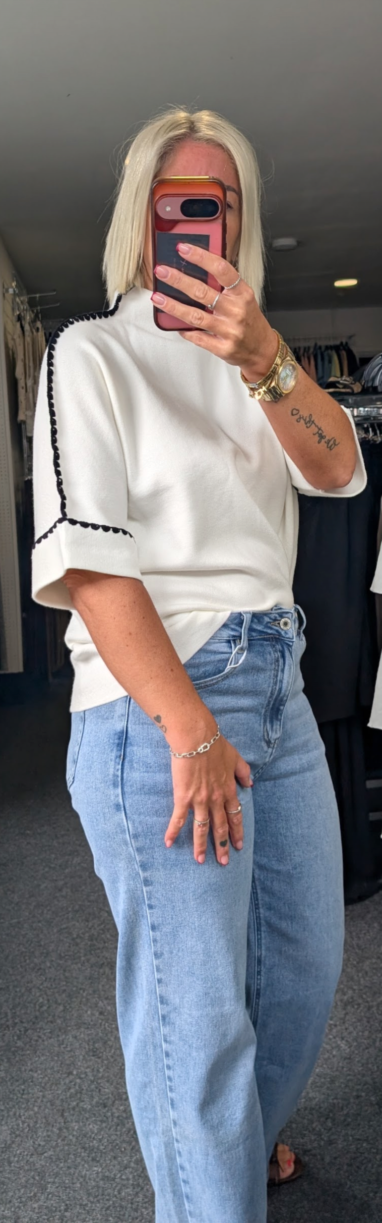Short Sleeve Knit Top With Blanket Stitch Trim