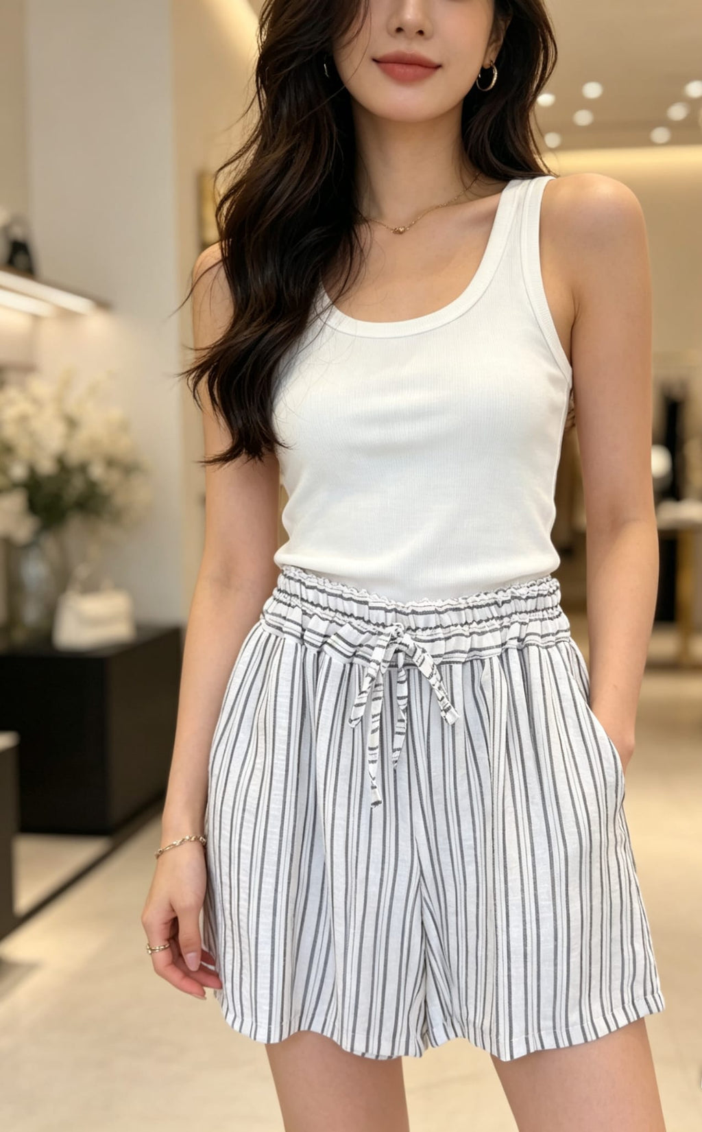 Elasticated Waist Striped Drawstring Shorts