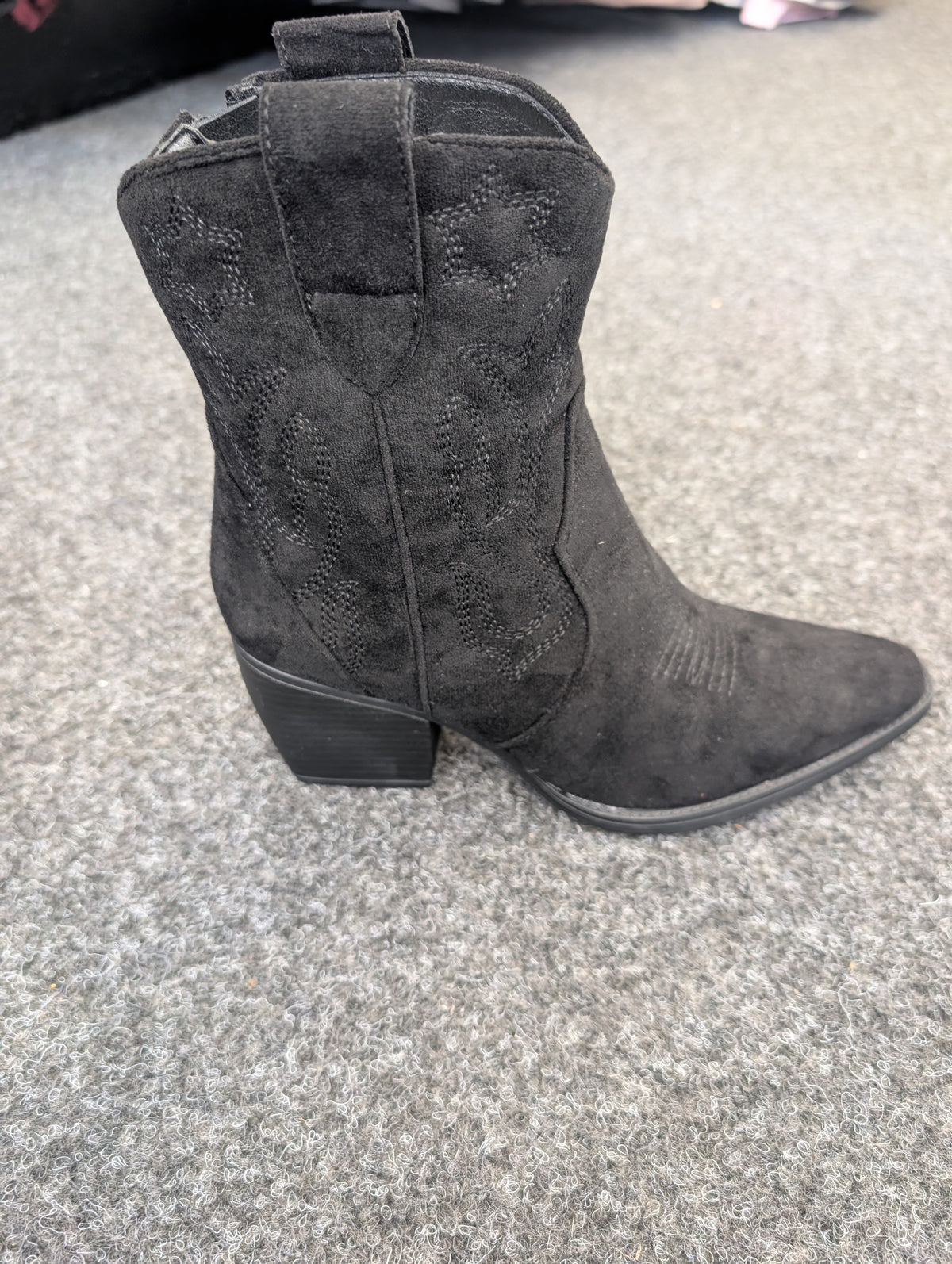 Black Faux Suede Embroidered Western Pointed Toe Cowboy Boots