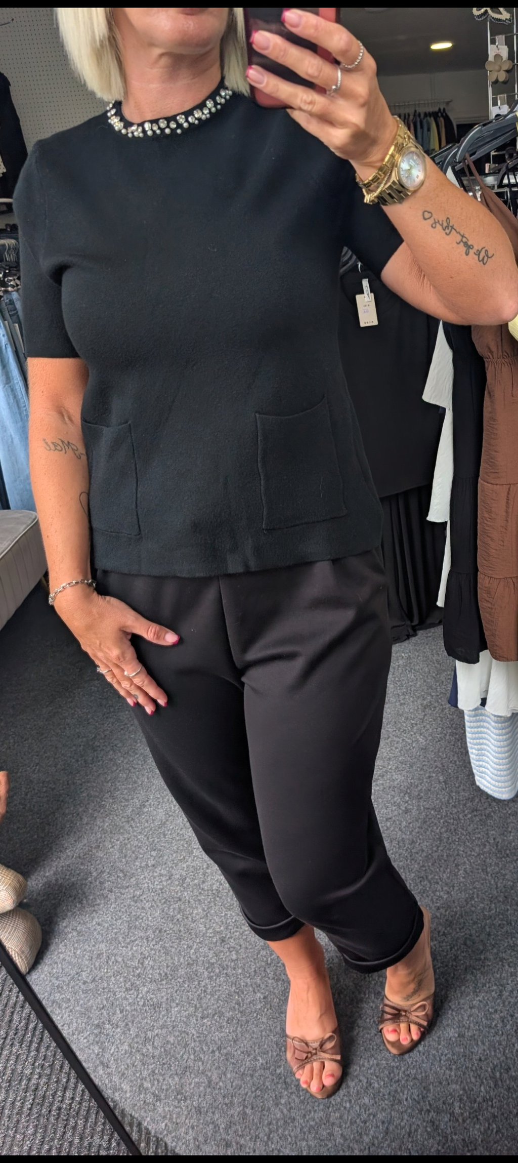 Knit Top With Gem Neckline And Front Pockets Detailing