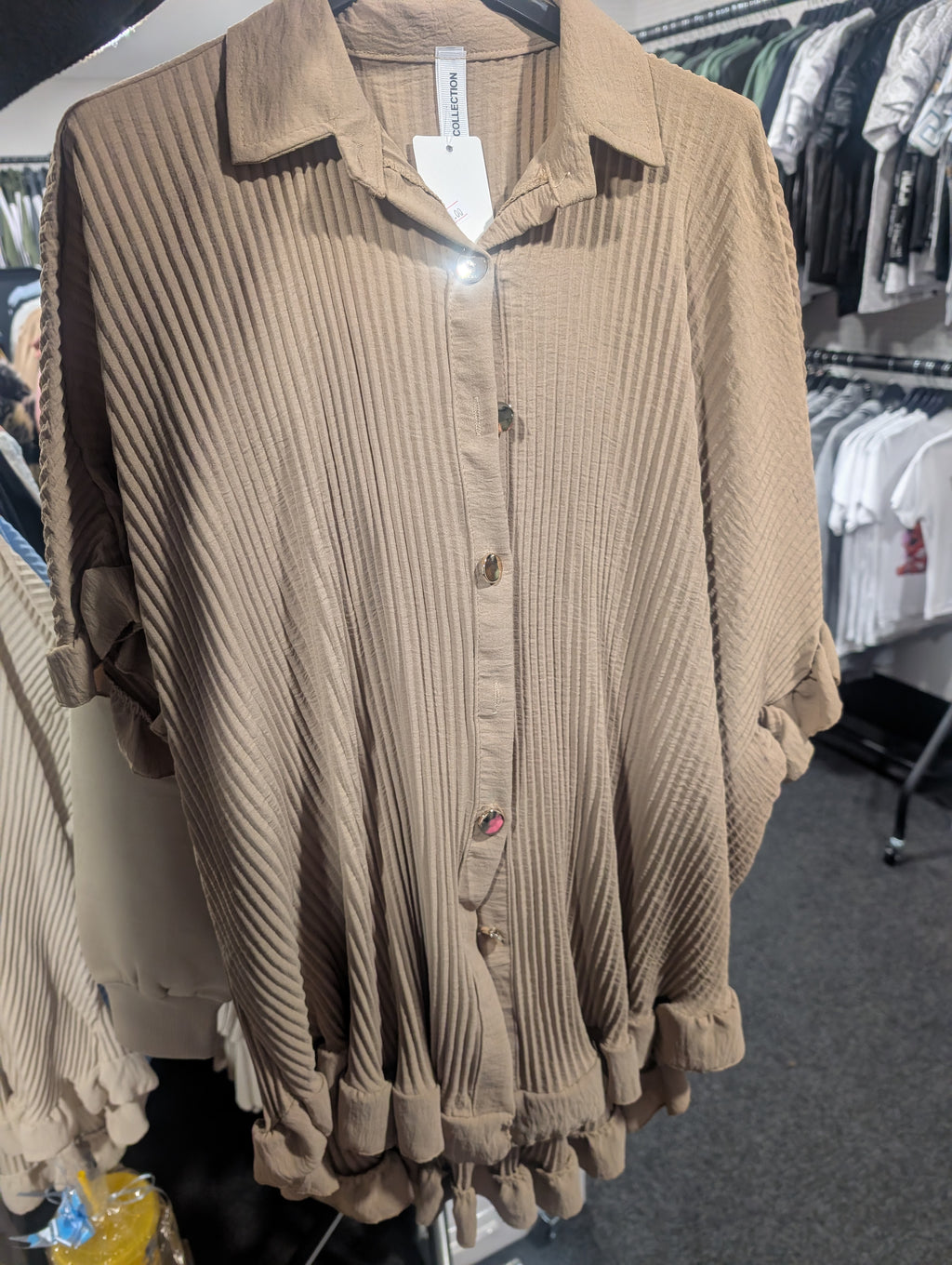 Women’s Casual Oversized Gold Button Pleated Frilled Ruffle Short Sleeves Shirt Top and Short Co-Ord Set