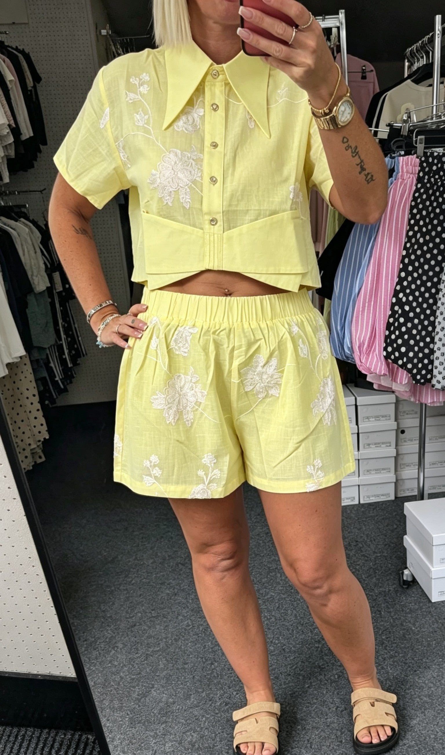 Bow Hem Embroidered Cropped Blouse And Short Set