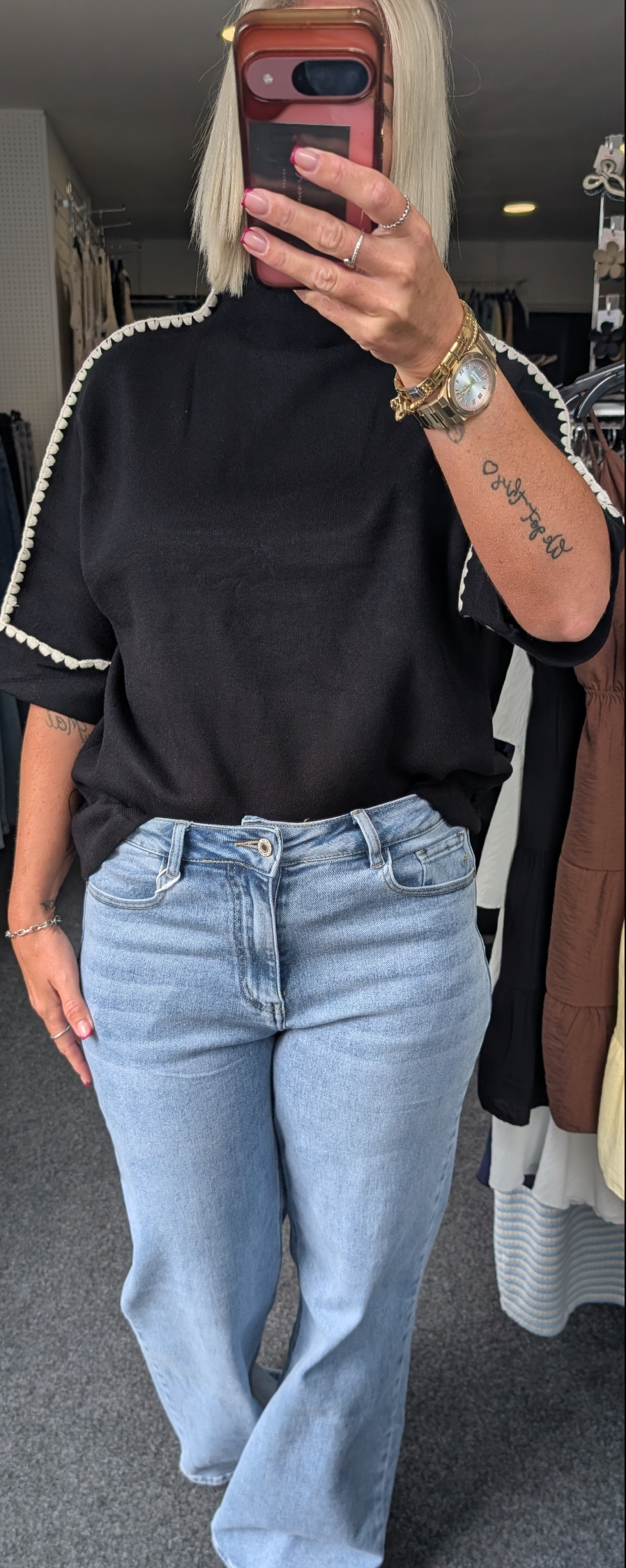 Short Sleeve Knit Top With Blanket Stitch Trim