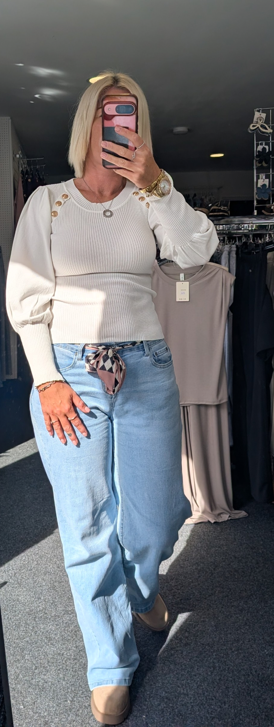 White Ribbed Balloon Sleeve Fine Knit Jumper