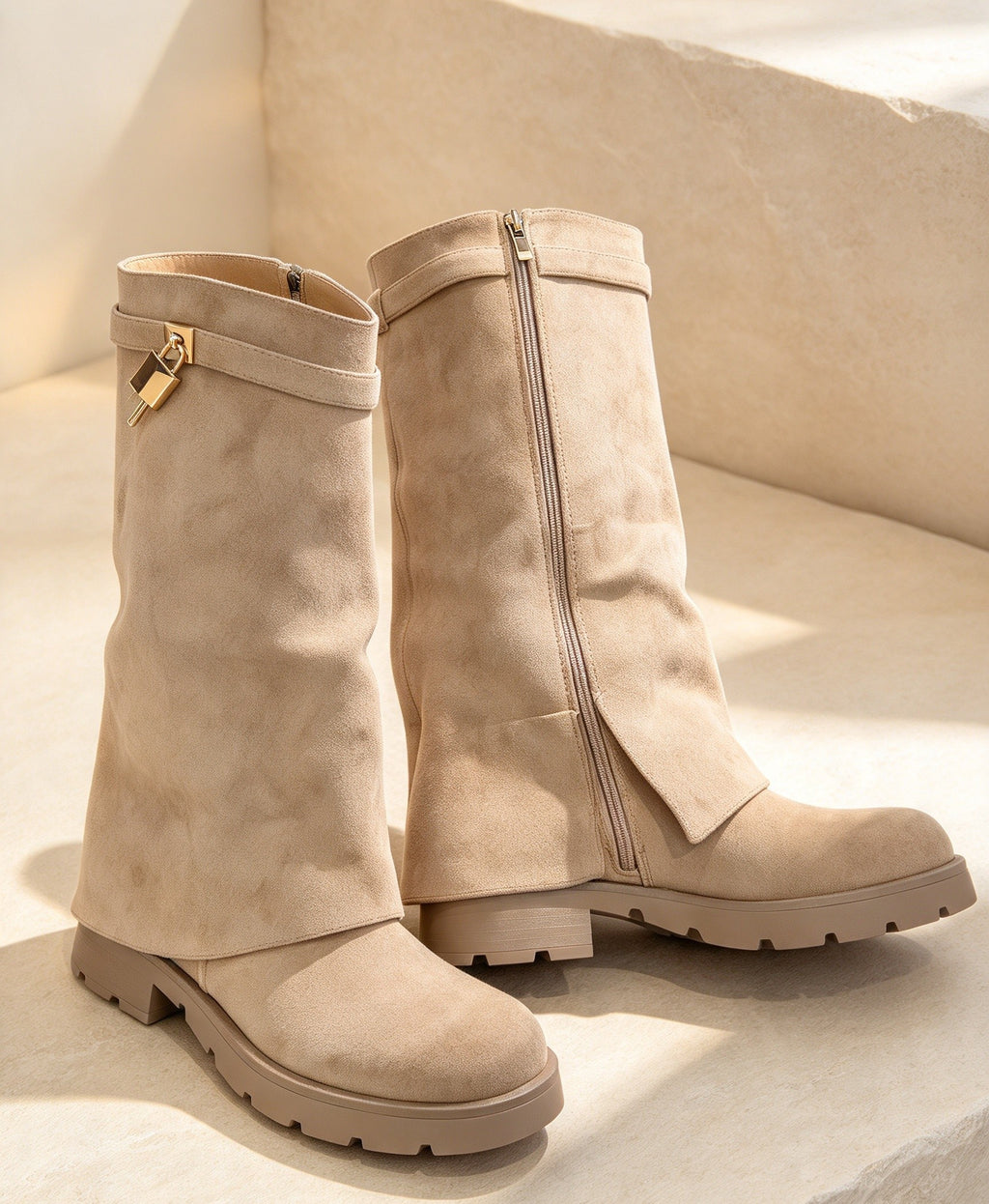 Taupe Faux Suede Fold Over Knee-High Lock Buckle Boots