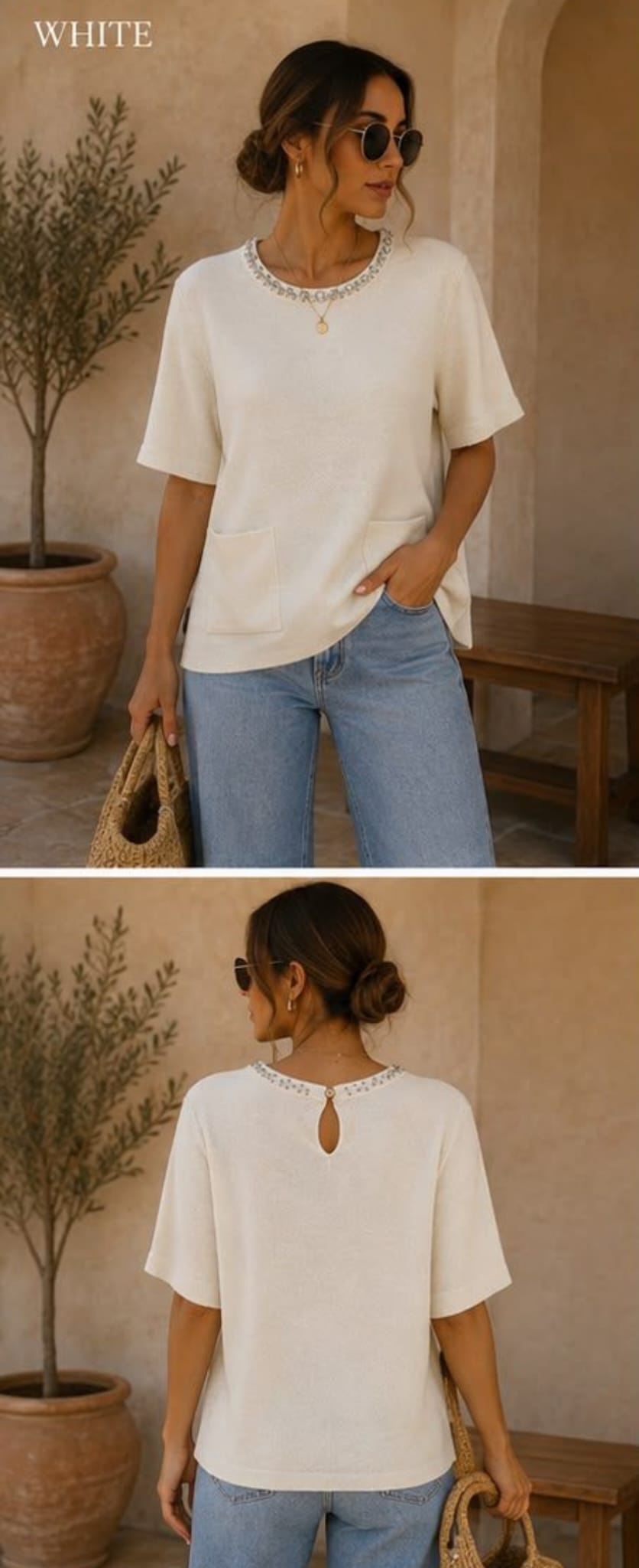 Knit Top With Gem Neckline And Front Pockets Detailing
