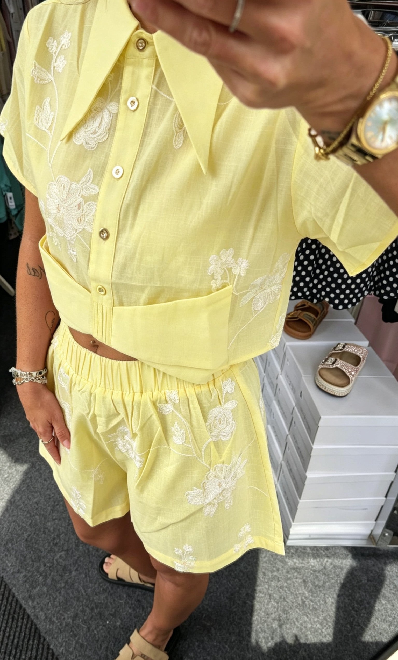 Bow Hem Embroidered Cropped Blouse And Short Set