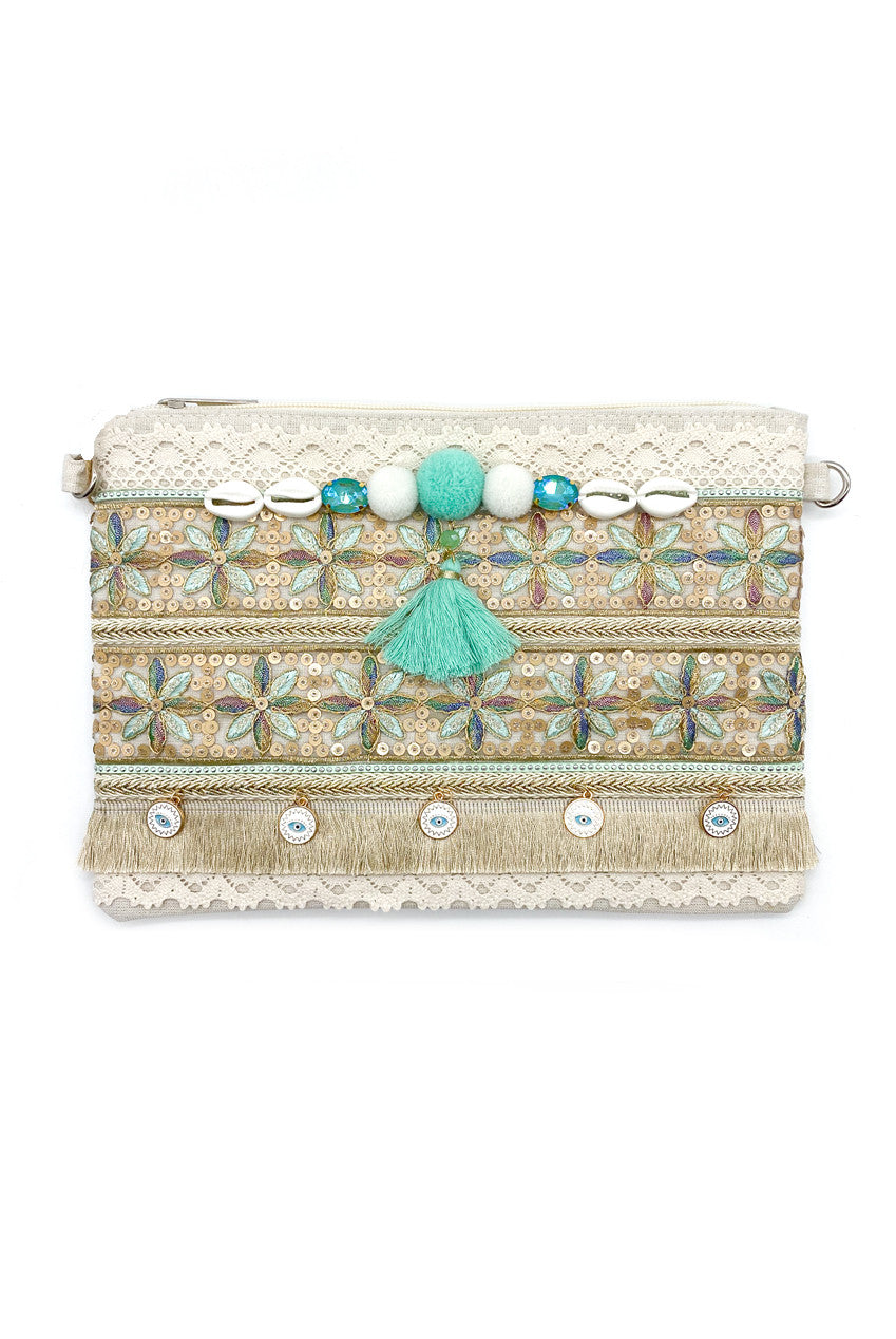 Aqua Shell Crochet Woven Clutch Bag