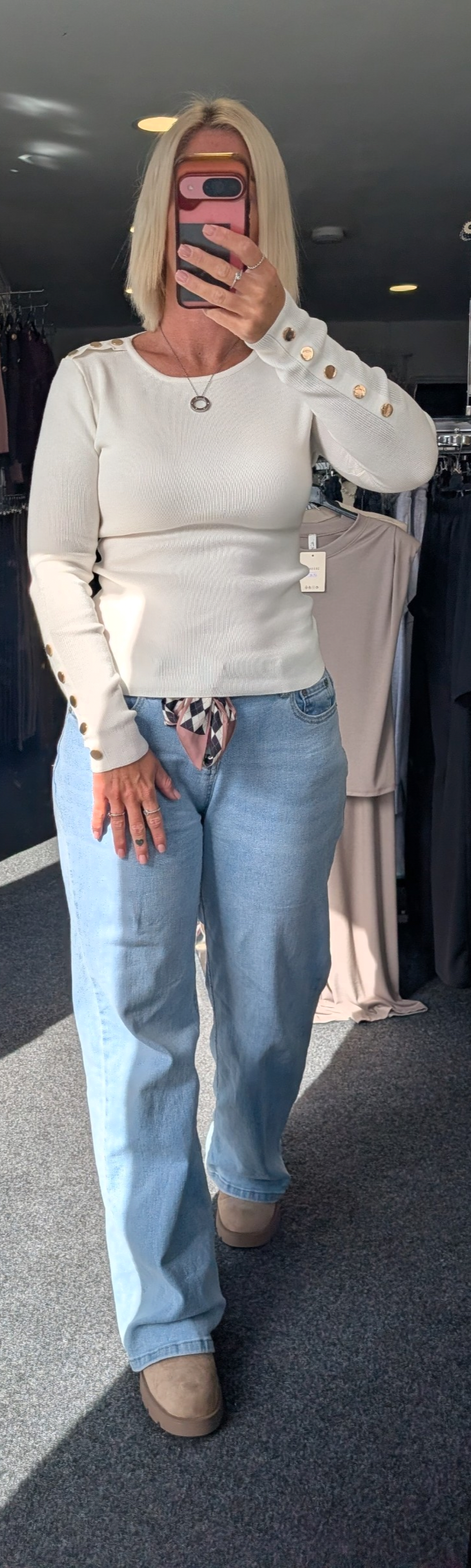 Cream Round Neck Fine Knit Jumper With Button Detail