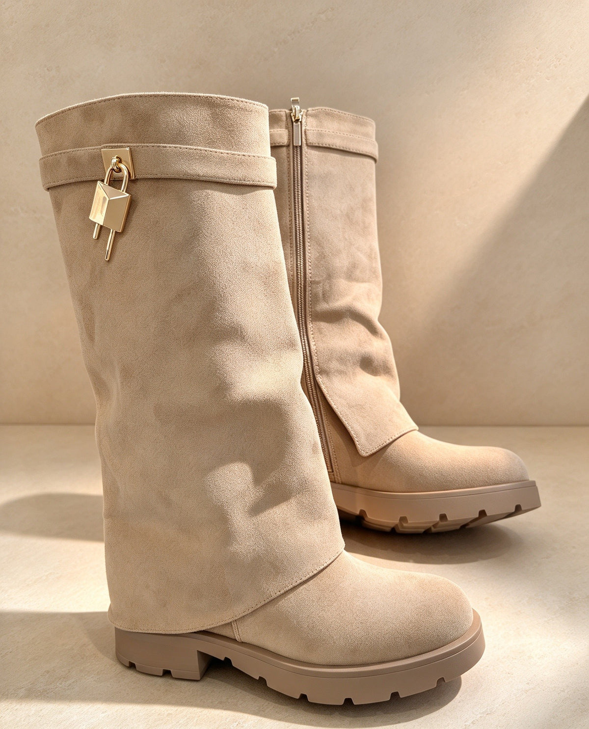 Taupe Faux Suede Fold Over Knee-High Lock Buckle Boots