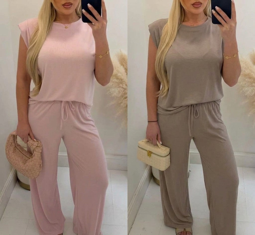 Padded Shoulder Top And Trousers Set