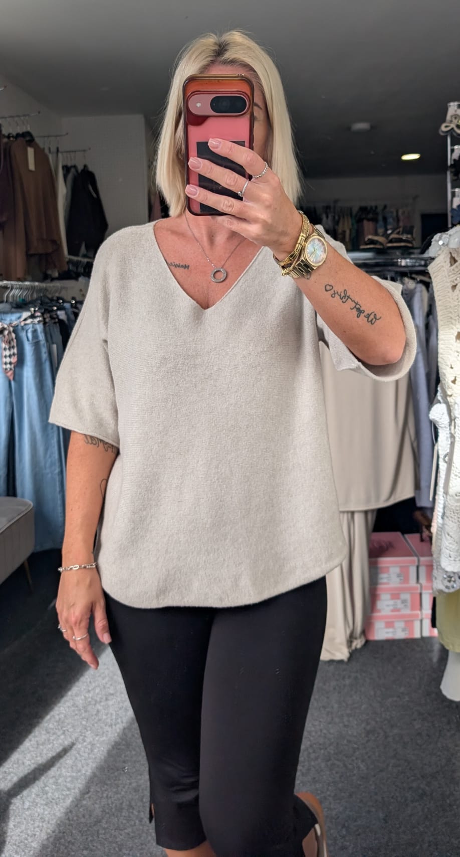 Soft Knit V-Neck Cropped Sleeved Jumper
