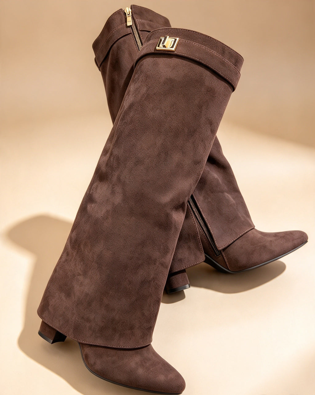 Brown Faux Suede Pointed Toe Fold Over Knee High Boots With Block Heel