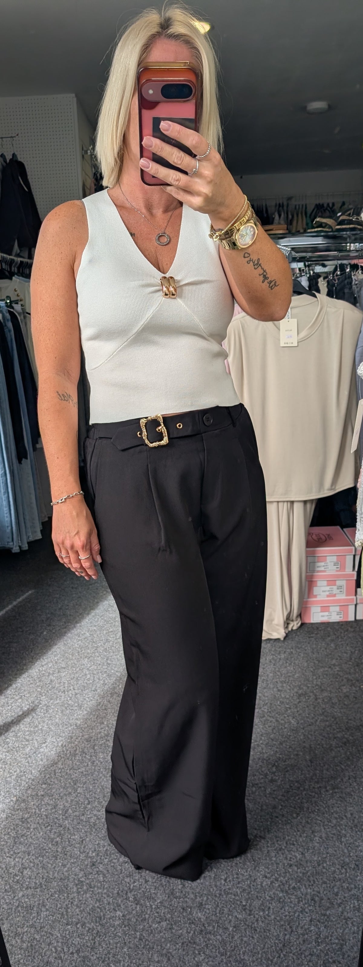 Wide Leg Tailored Trousers With Gold Buckle