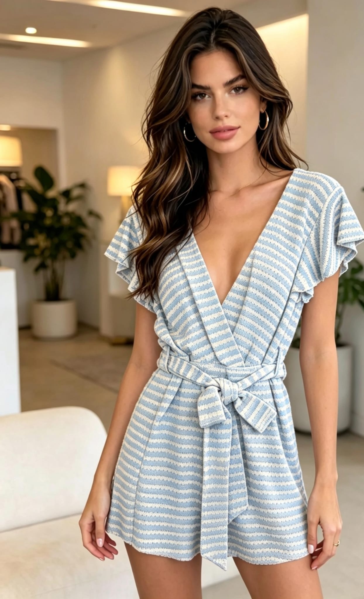 Belted Stripe Playsuit With Frill Sleeves