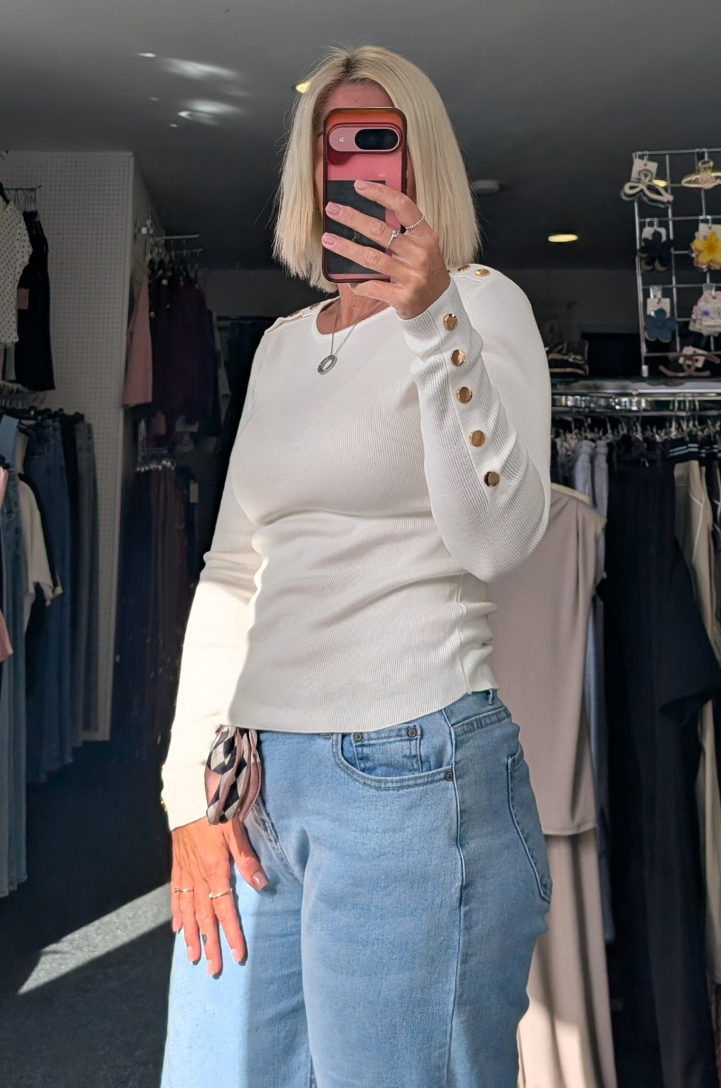 Cream Round Neck Fine Knit Jumper With Button Detail