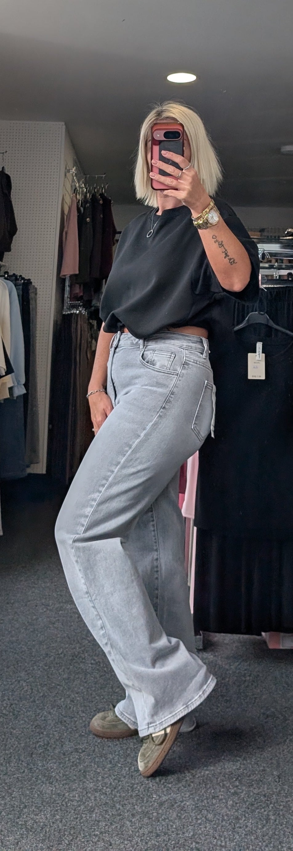 Grey Wash Stretch Wide Leg Jeans
