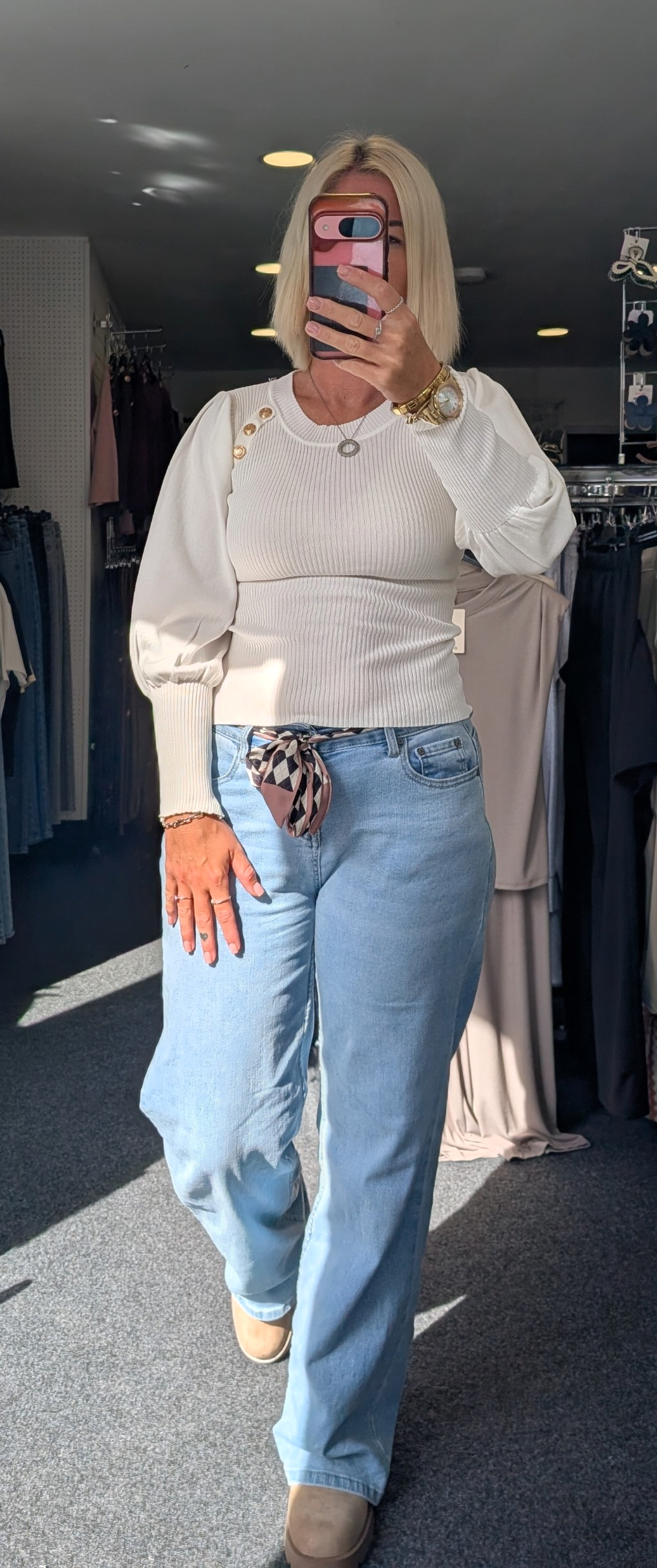 White Ribbed Balloon Sleeve Fine Knit Jumper