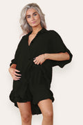 Women’s Casual Oversized Gold Button Pleated Frilled Ruffle Short Sleeves Shirt Top and Short Co-Ord Set